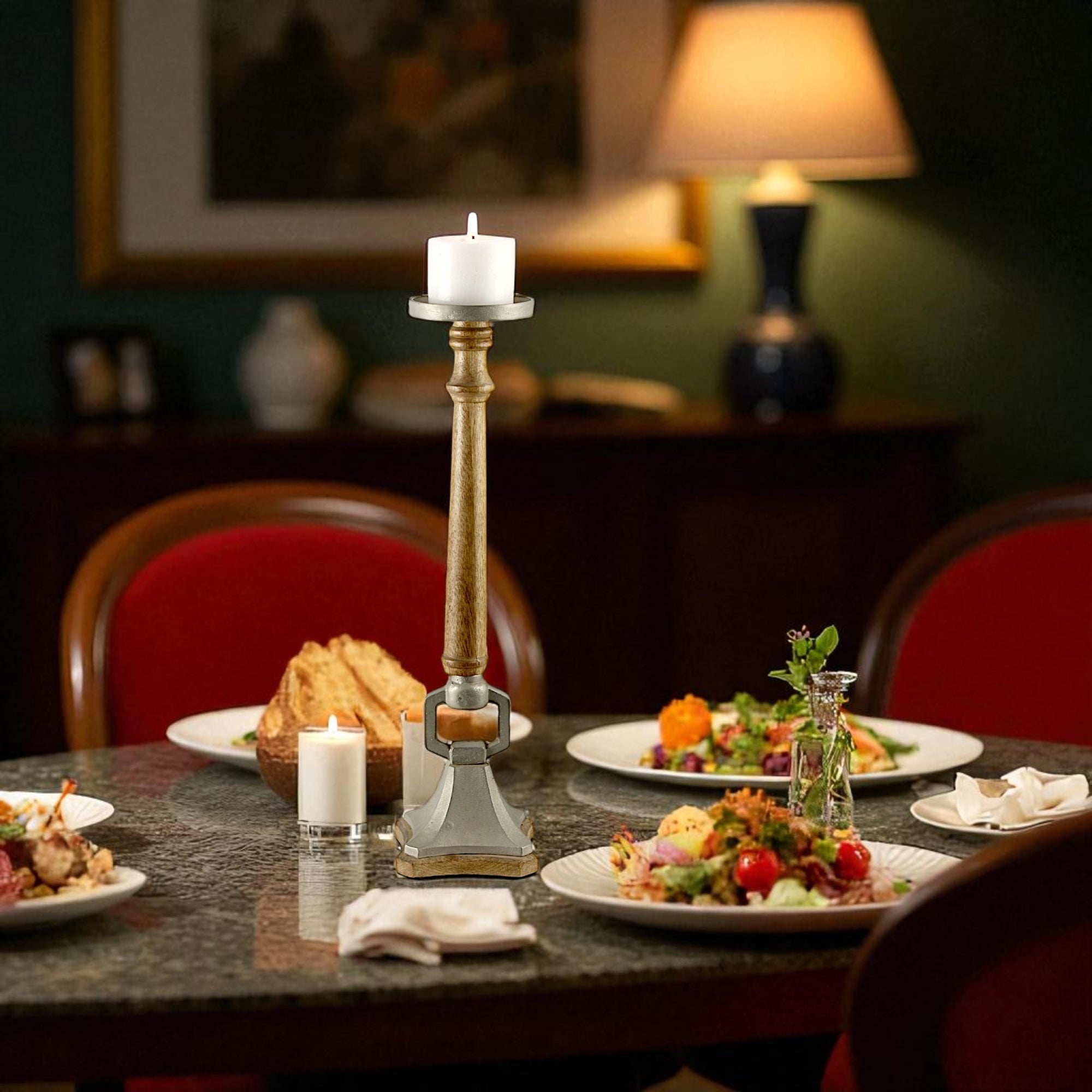 Mango Wood & Aluminium round ringTaper Candle Pillar Holder