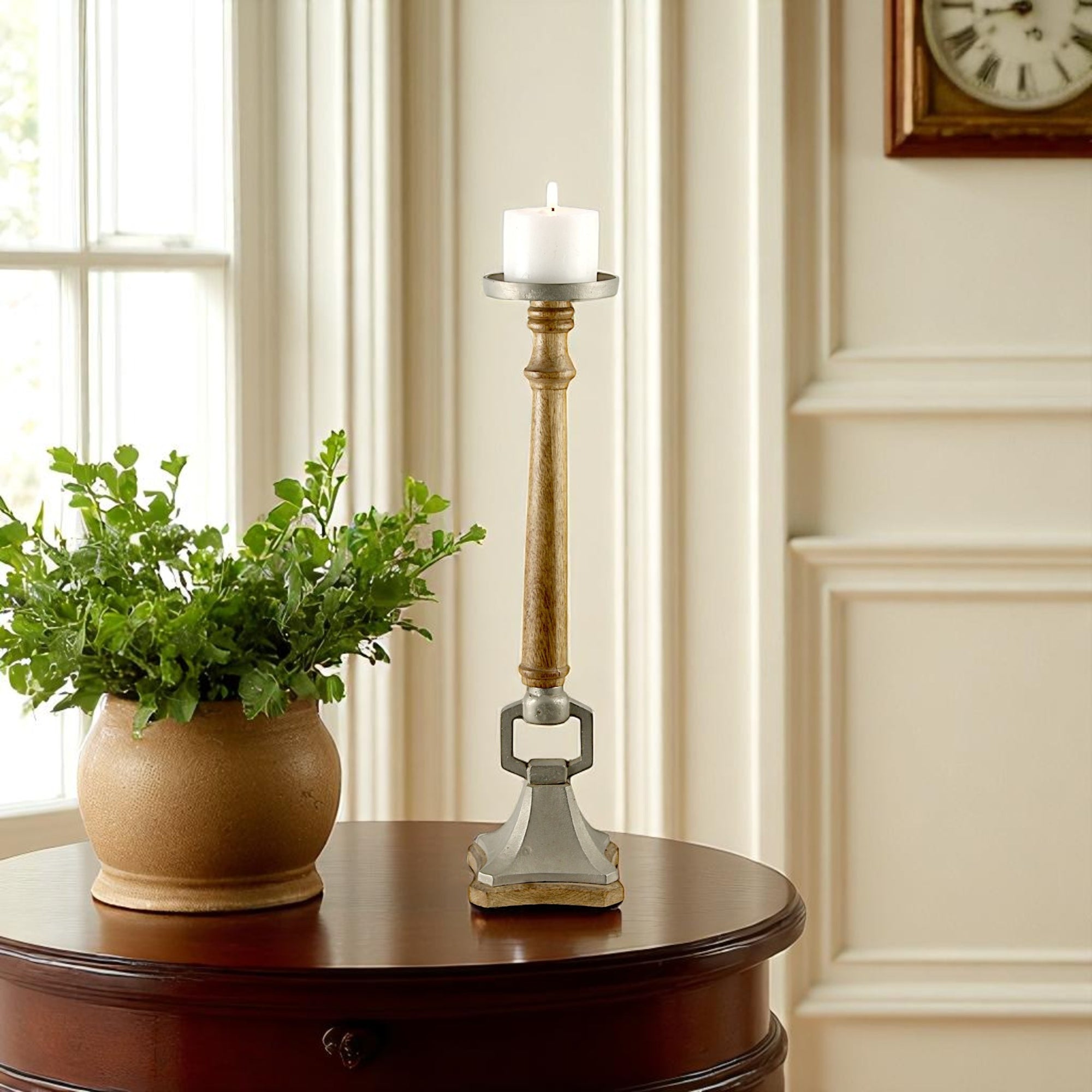 Mango Wood & Aluminium round ringTaper Candle Pillar Holder