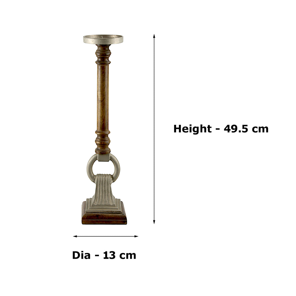 Mango Wood Brown Candle Pillar Holder with Round Aluminium Square Base & Top