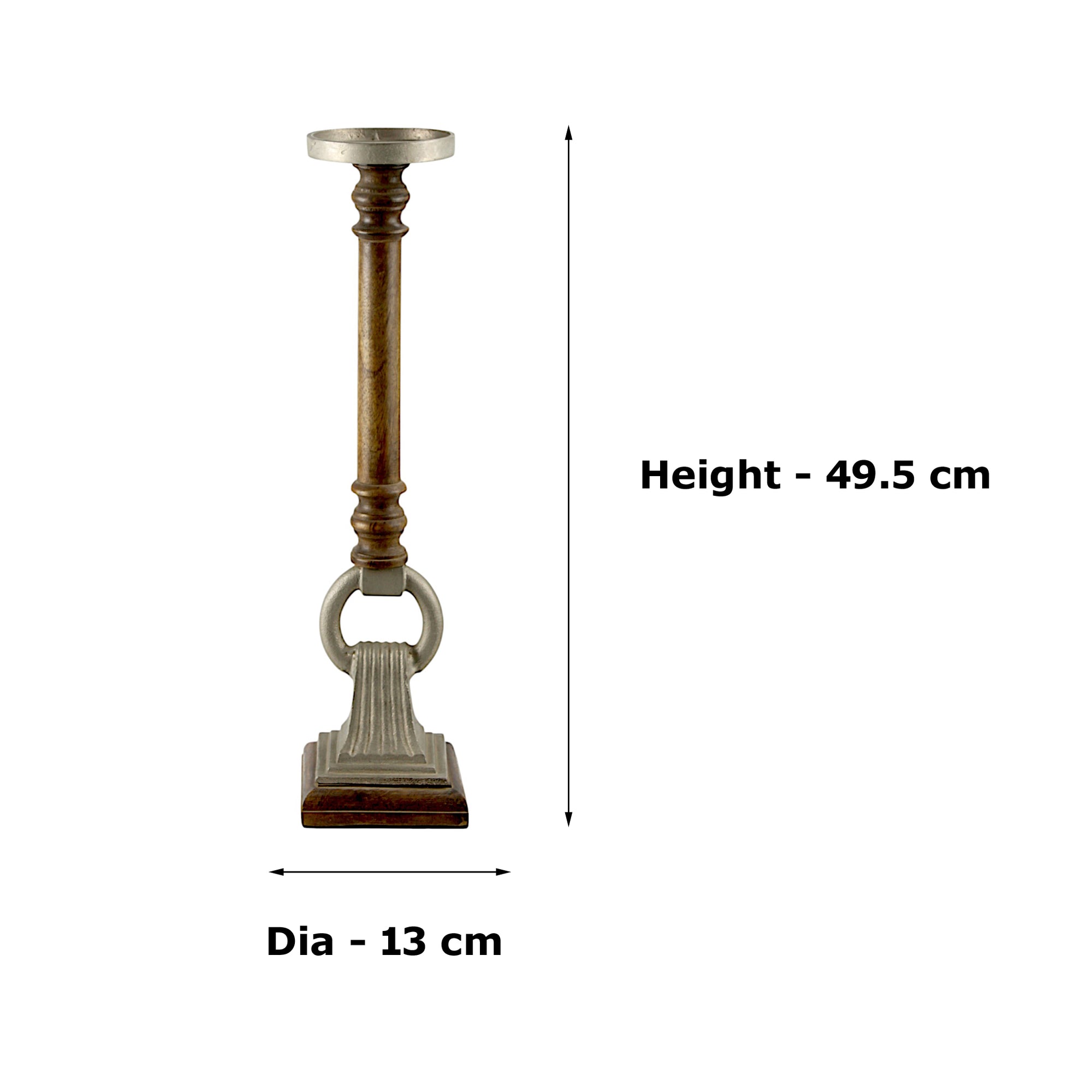 Mango Wood Brown Candle Pillar Holder with Round Aluminium Square Base & Top