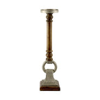 Mango Wood Brown Candle Pillar Holder with Round Aluminium Square Base & Top