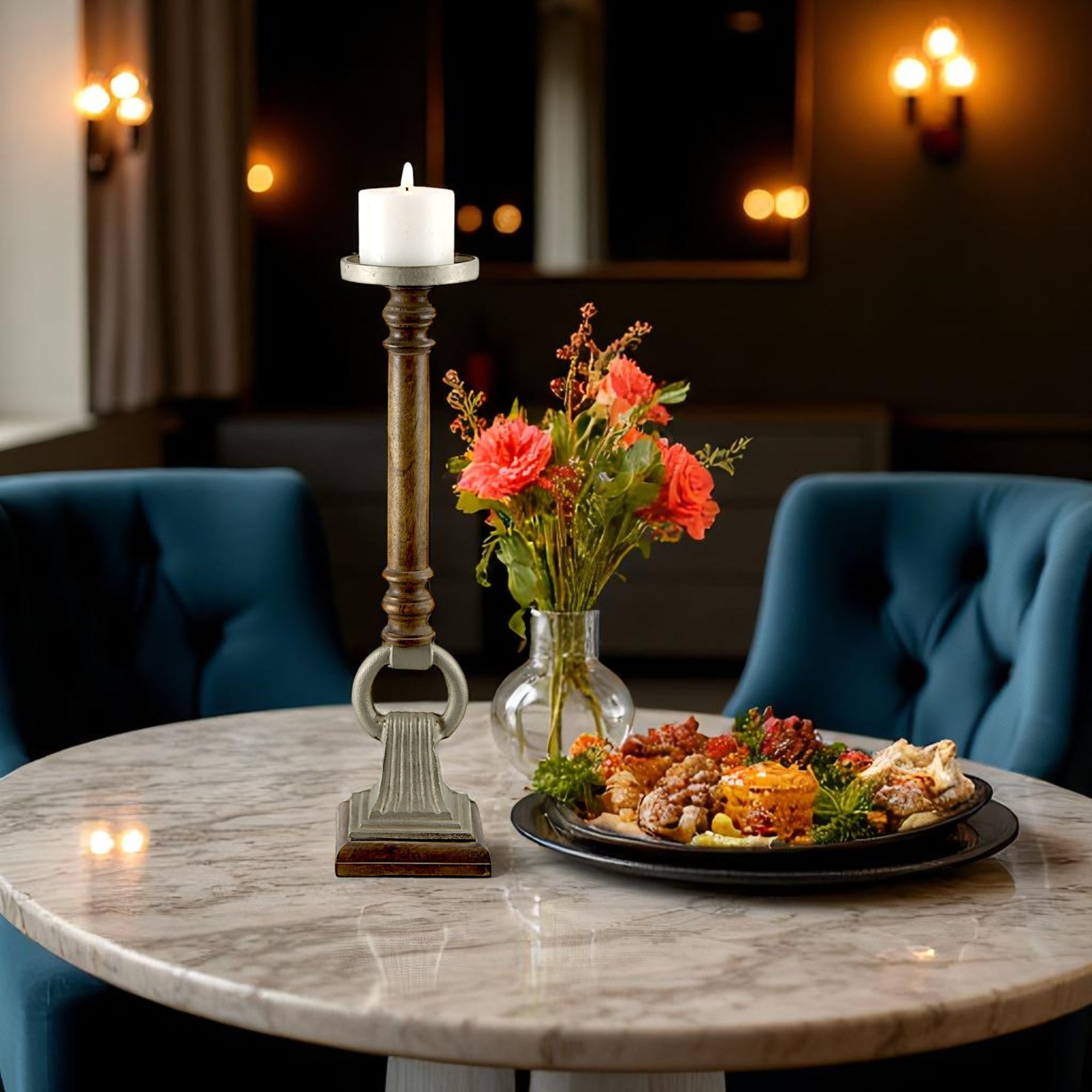 Mango Wood Brown Candle Pillar Holder with Round Aluminium Square Base & Top