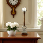 Mango Wood Brown Candle Pillar Holder with Round Aluminium Square Base & Top