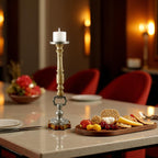 Mango Wood Brown Candle Pillar Holder with Round Aluminium Square Base & Top