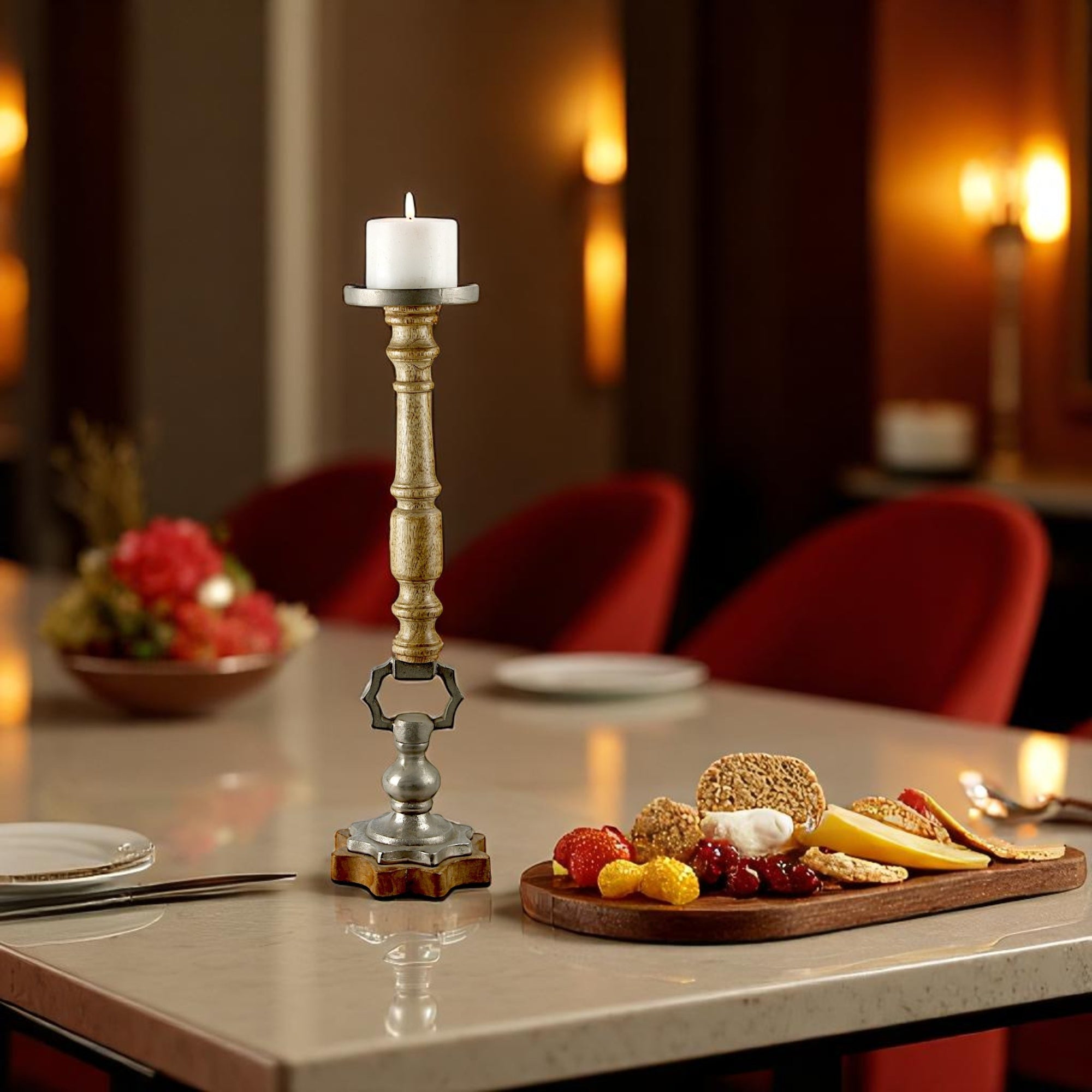 Mango Wood Brown Candle Pillar Holder with Round Aluminium Square Base & Top