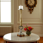 Mango Wood Brown Candle Pillar Holder with Round Aluminium Square Base & Top