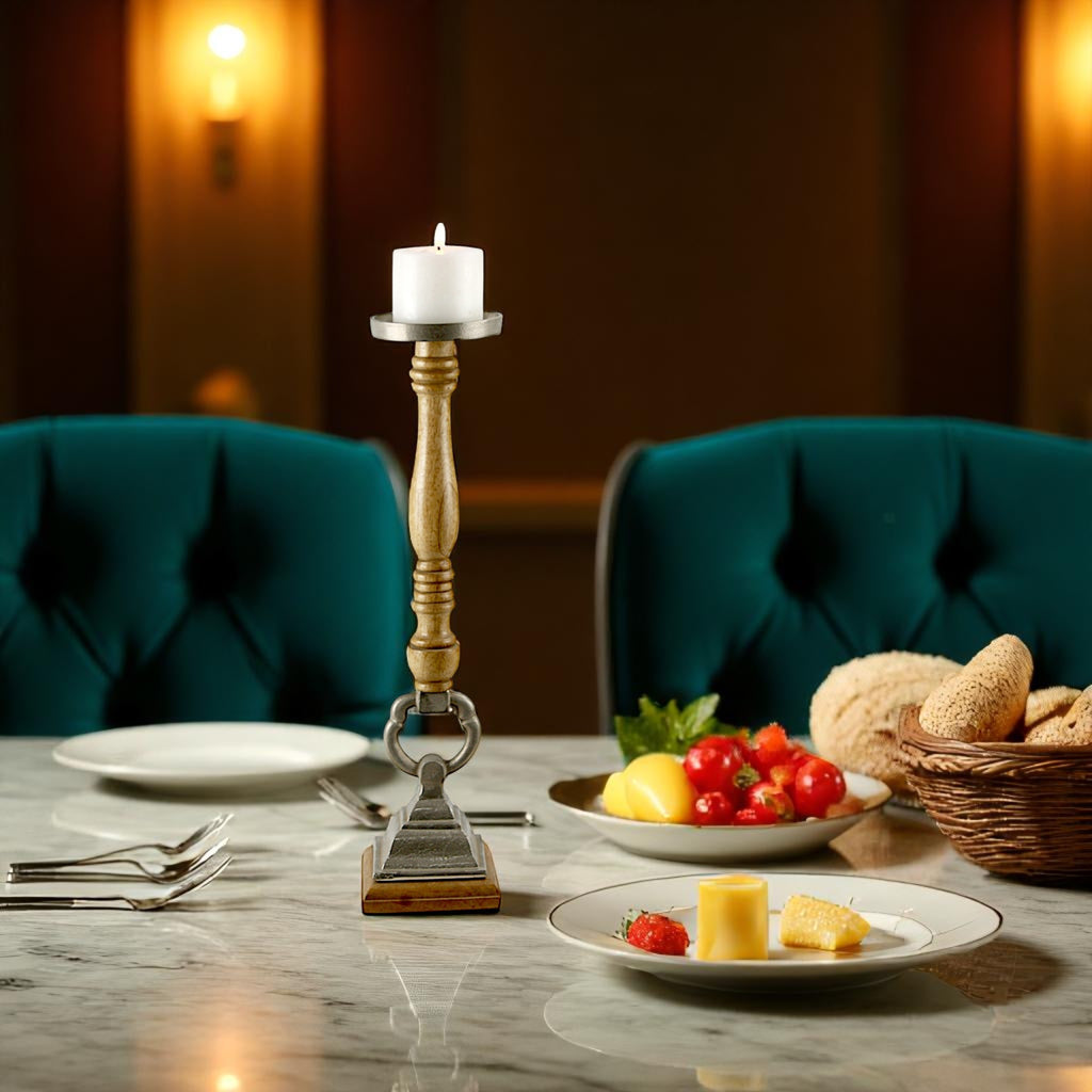 Natural Mango Wood Taper Candle pillar Holder aluminium top and base