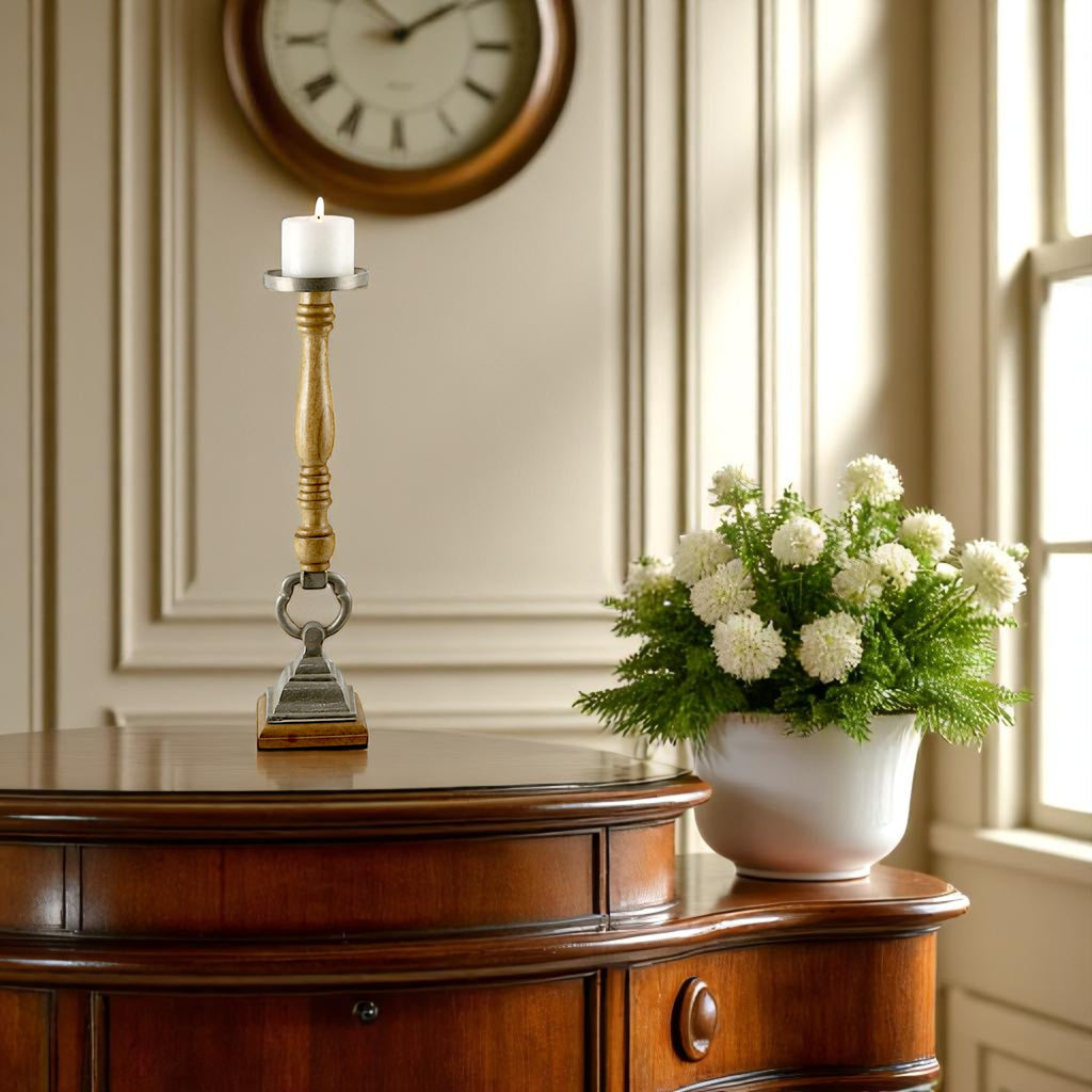 Natural Mango Wood Taper Candle pillar Holder aluminium top and base