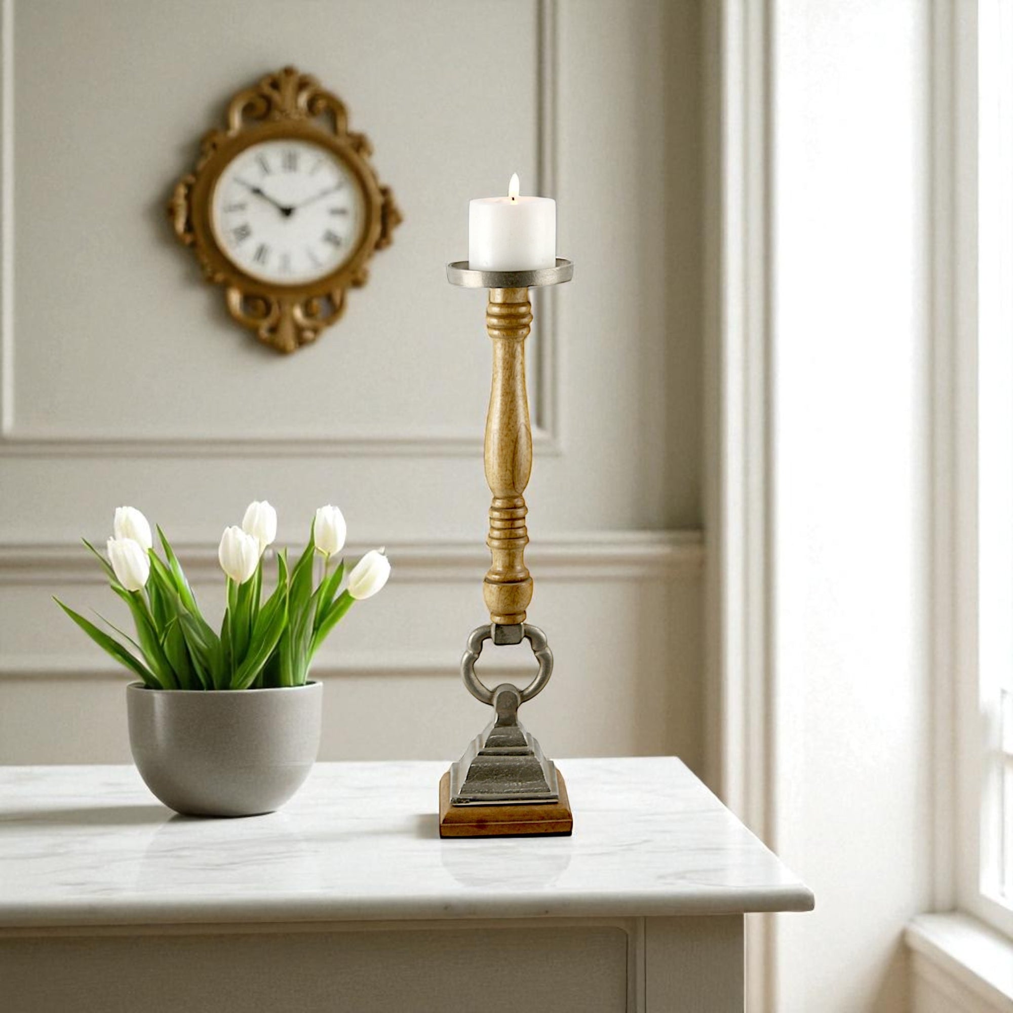 Natural Mango Wood Taper Candle pillar Holder aluminium top and base