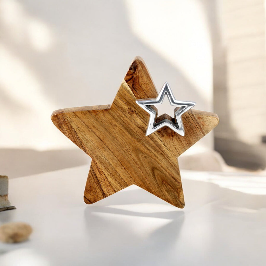 Star-Shaped Mango Wood Decorative Tray with aluminium Star Accent