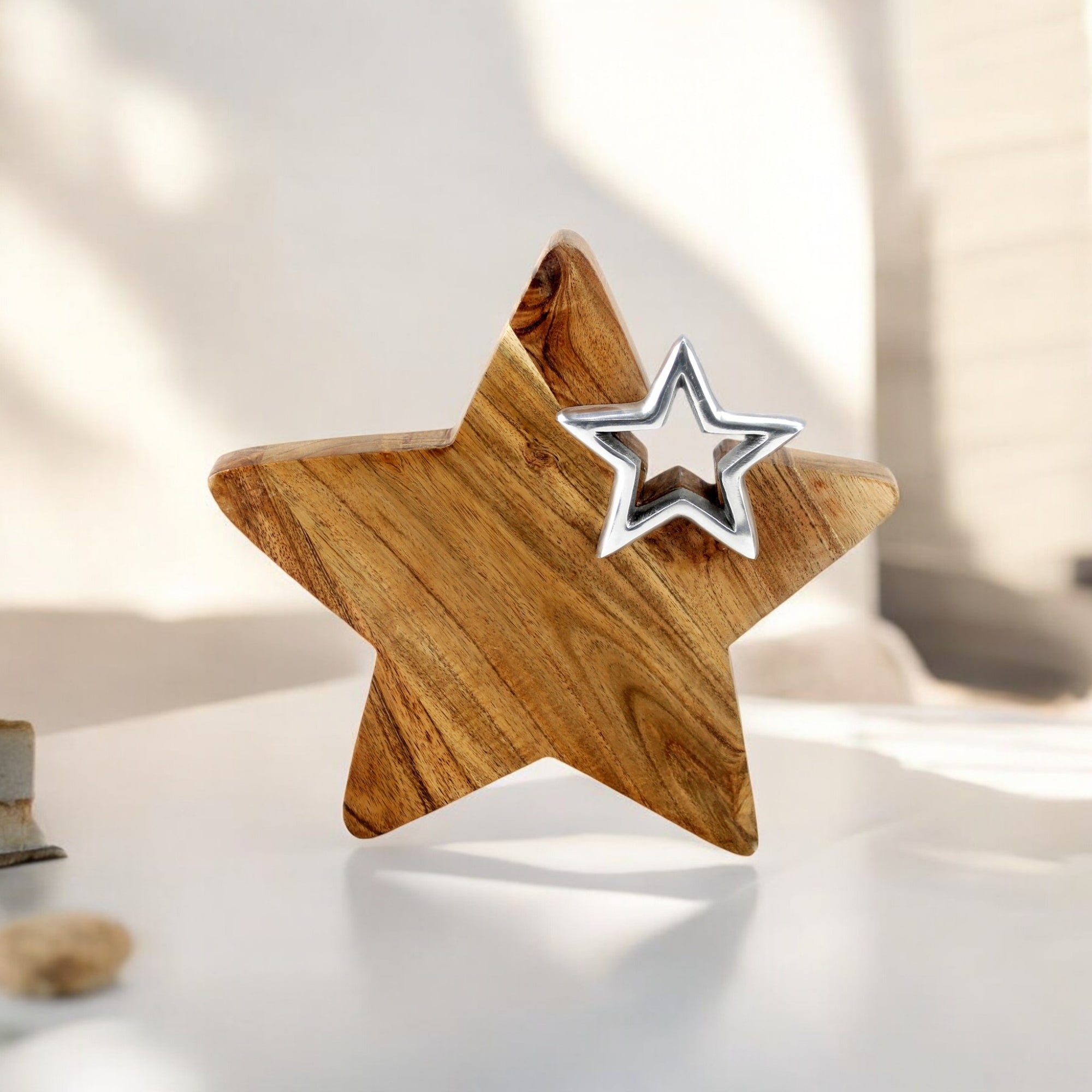 Star-Shaped Mango Wood Decorative Tray with aluminium Star Accent