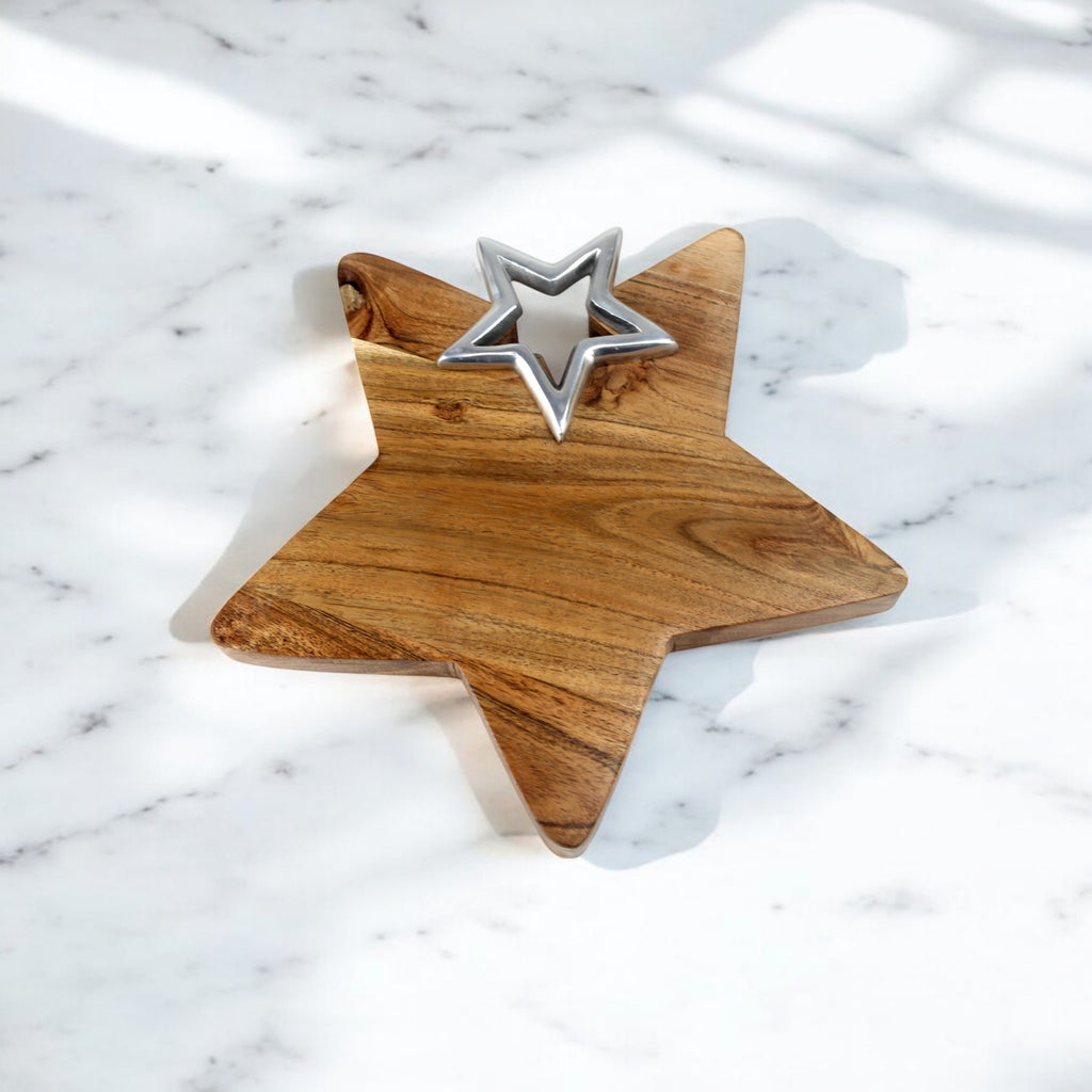 Star-Shaped Mango Wood Decorative Tray with aluminium Star Accent