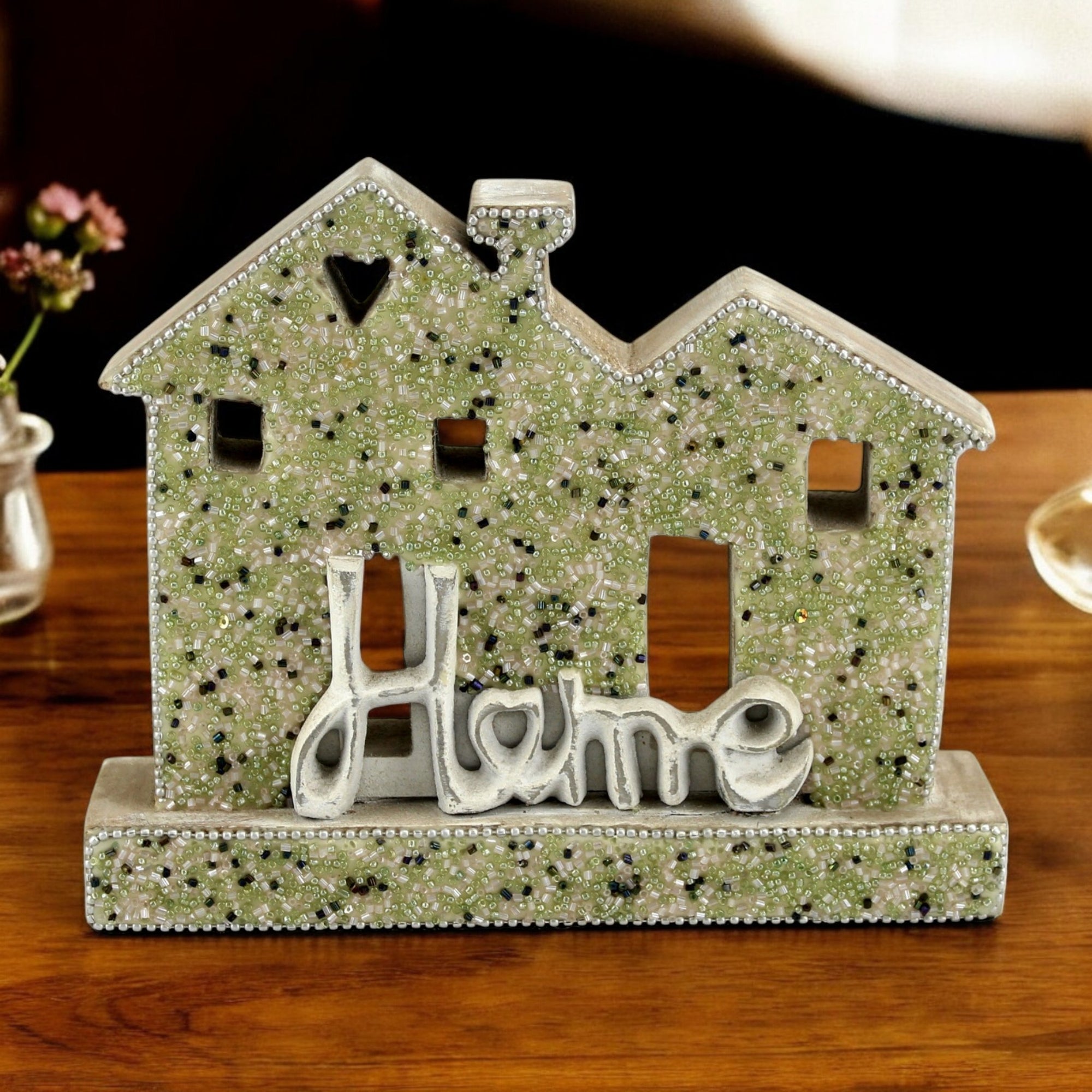 Wood House Figurine with 'Home' Text