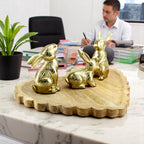 Wood Heart Base tray Decorative with Jointed Bunny Aluminum Figurine