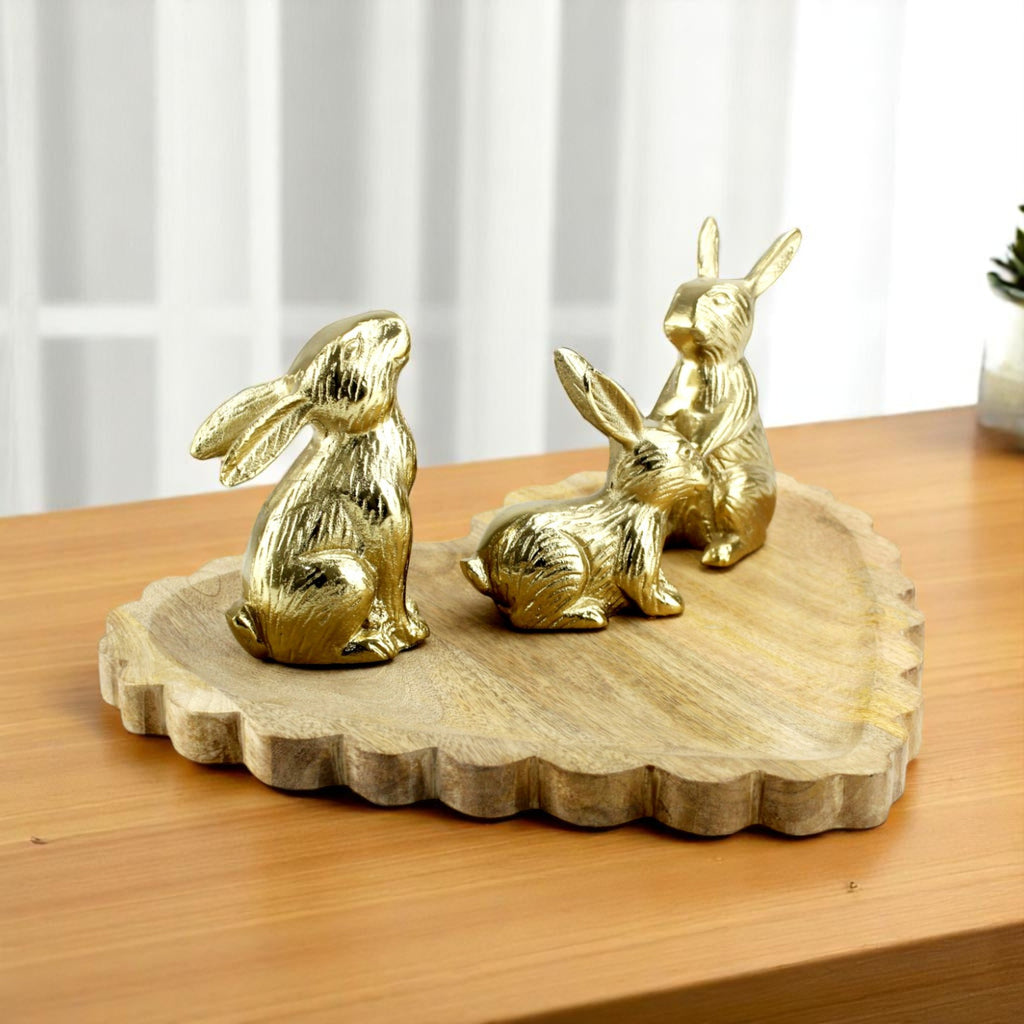 Wood Heart Base tray Decorative with Jointed Bunny Aluminum Figurine