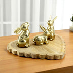 Wood Heart Base tray Decorative with Jointed Bunny Aluminum Figurine