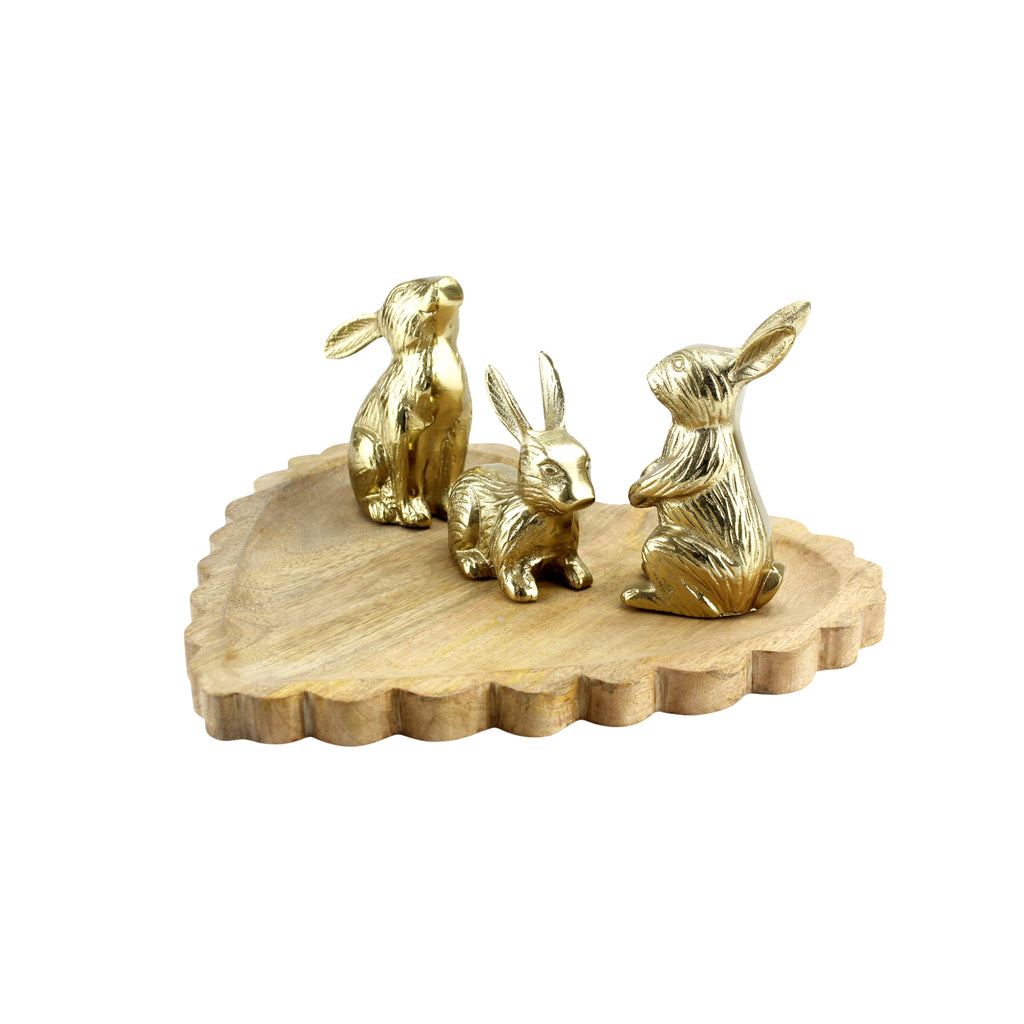 Wood Heart Base tray Decorative with Jointed Bunny Aluminum Figurine