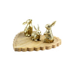 Wood Heart Base tray Decorative with Jointed Bunny Aluminum Figurine