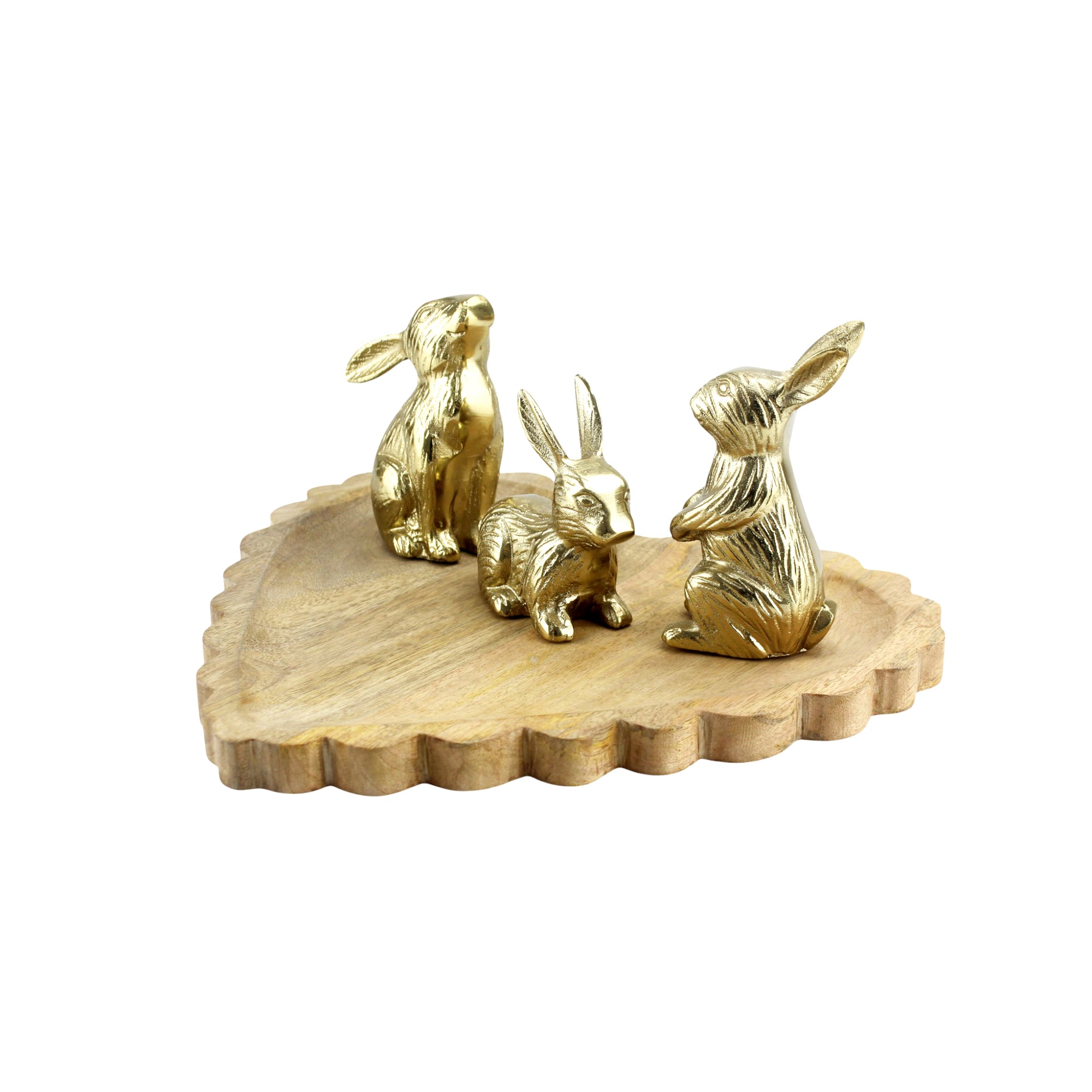Wood Heart Base tray Decorative with Jointed Bunny Aluminum Figurine