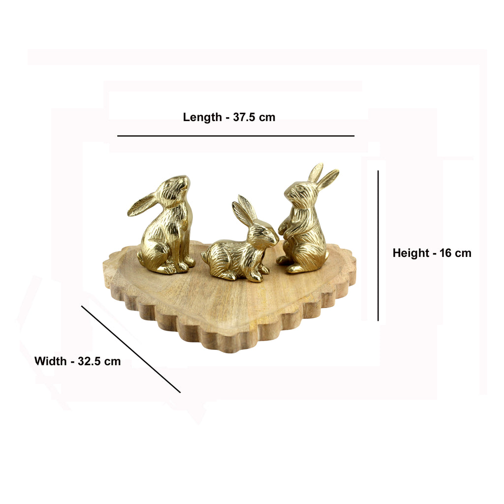 Wood Heart Base tray Decorative with Jointed Bunny Aluminum Figurine