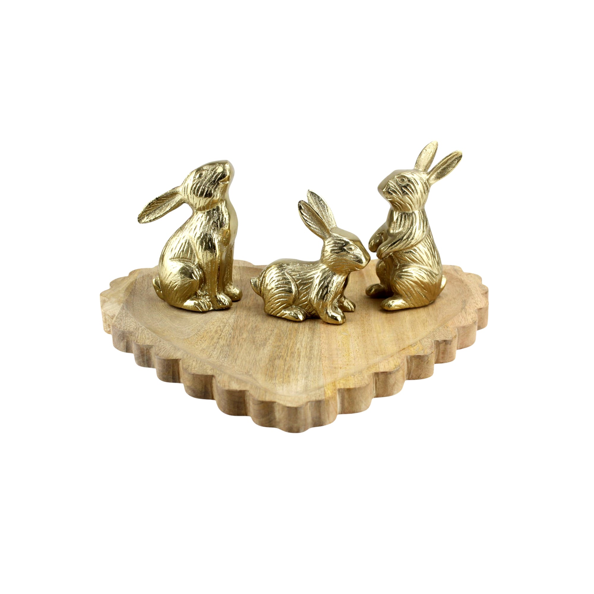 Wood Heart Base tray Decorative with Jointed Bunny Aluminum Figurine