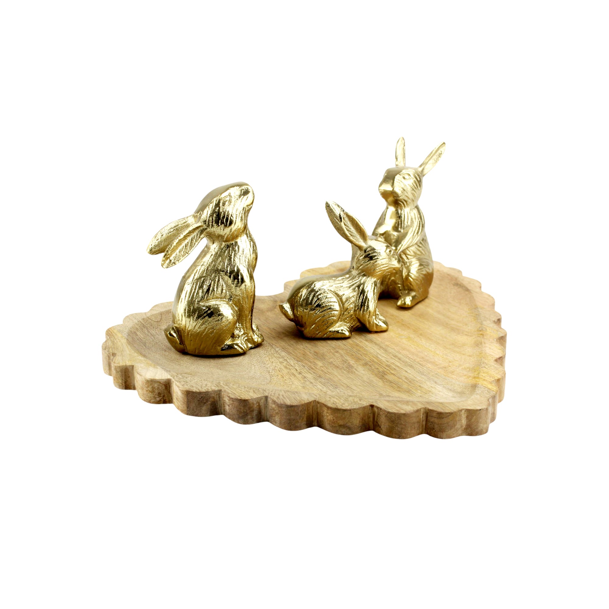 Wood Heart Base tray Decorative with Jointed Bunny Aluminum Figurine
