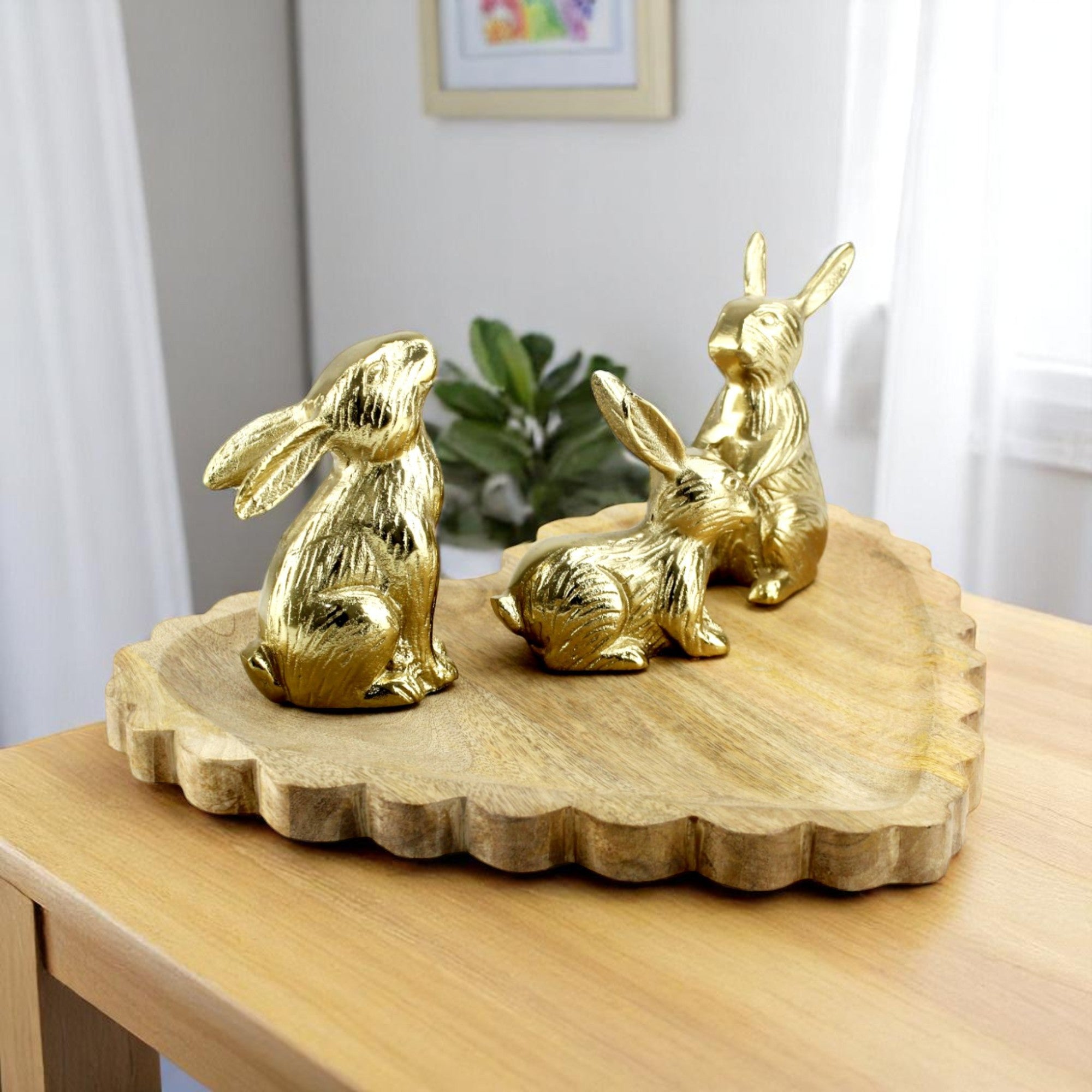 Wood Heart Base tray Decorative with Jointed Bunny Aluminum Figurine