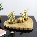 Wood Heart Base tray Decorative with Jointed Bunny Aluminum Figurine