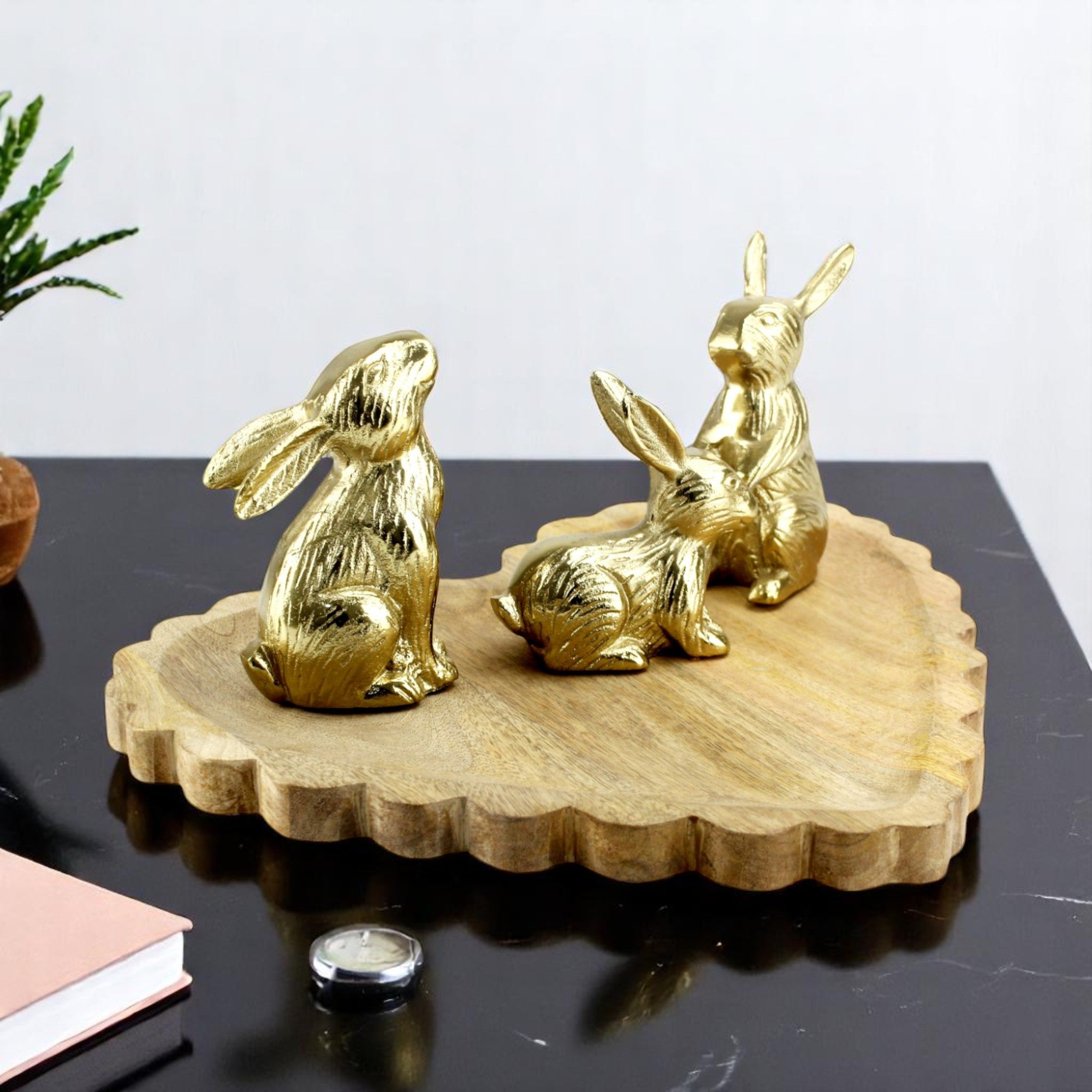 Wood Heart Base tray Decorative with Jointed Bunny Aluminum Figurine