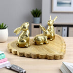 Wood Heart Base tray Decorative with Jointed Bunny Aluminum Figurine
