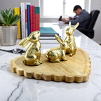 Wood Heart Base tray Decorative with Jointed Bunny Aluminum Figurine
