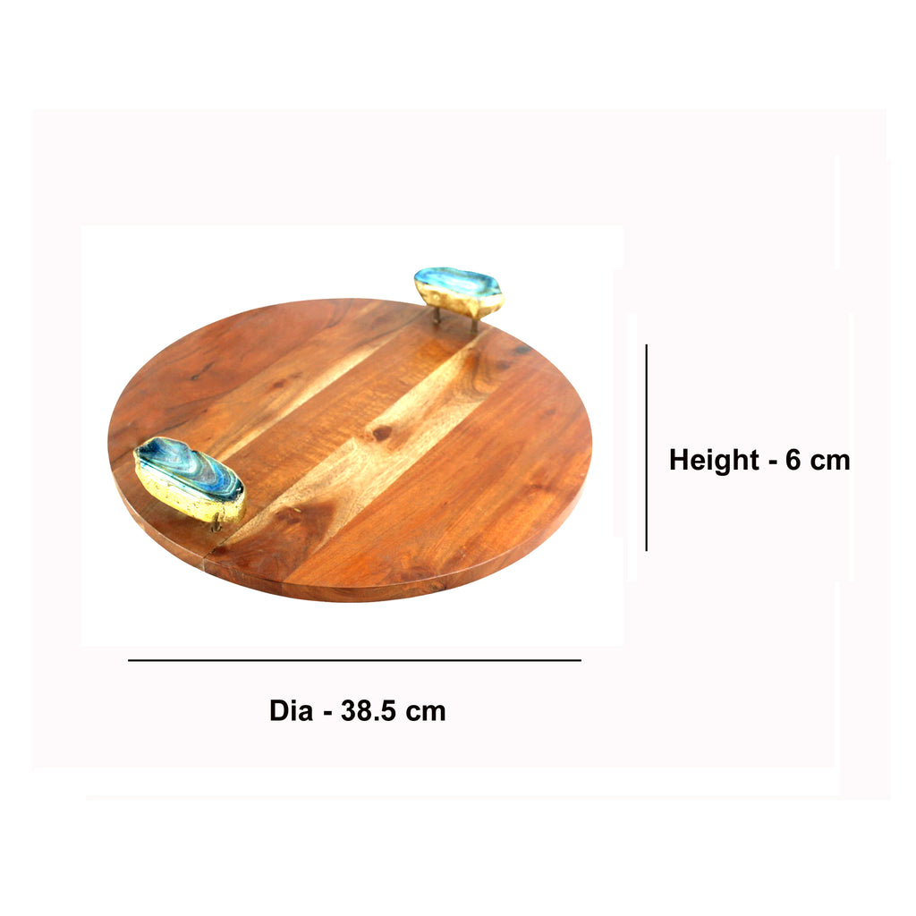 Wood Round Serving Tray with Blue Agate Stone Handles