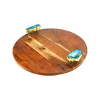 Wood Round Serving Tray with Blue Agate Stone Handles