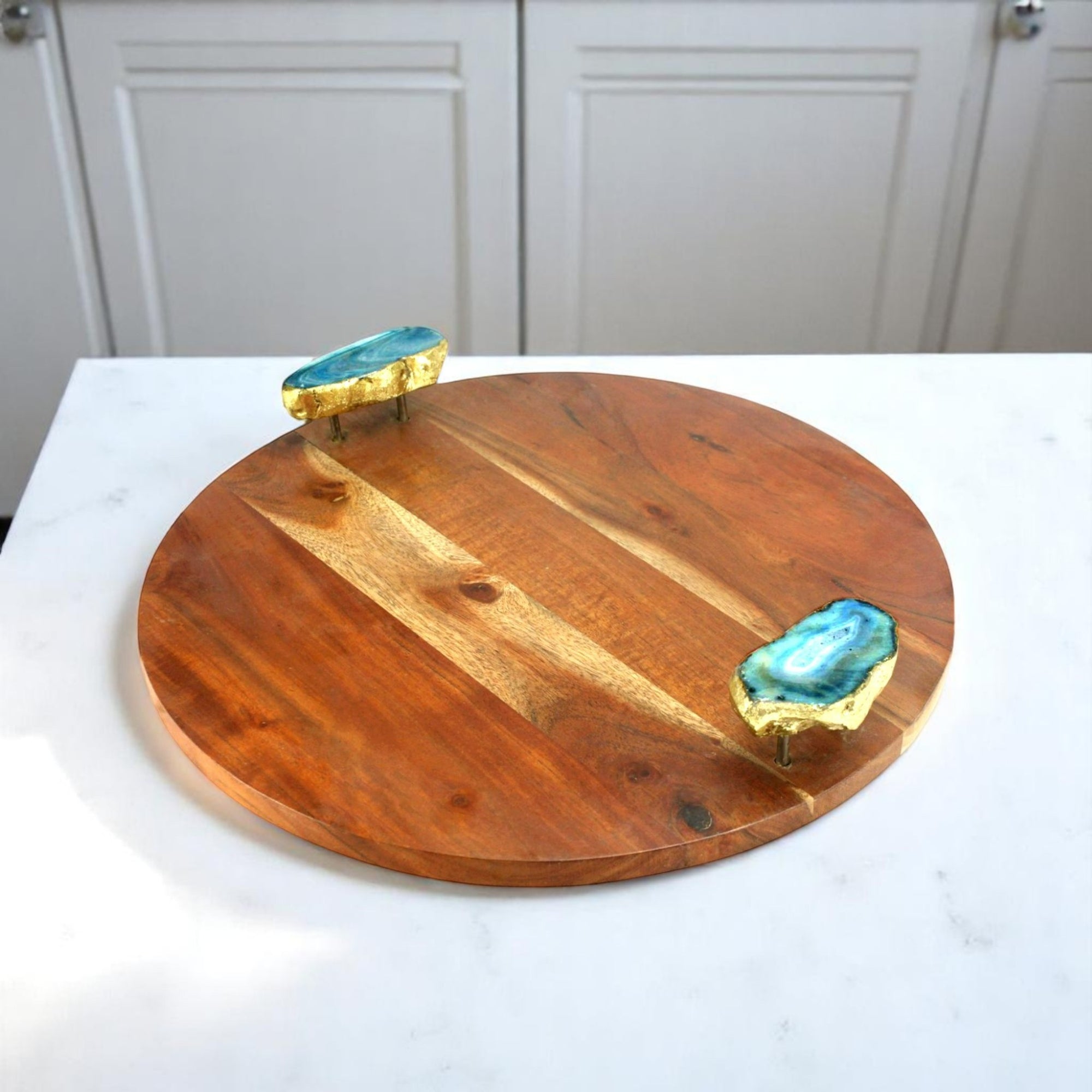 Wood Round Serving Tray with Blue Agate Stone Handles