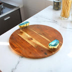 Wood Round Serving Tray with Blue Agate Stone Handles