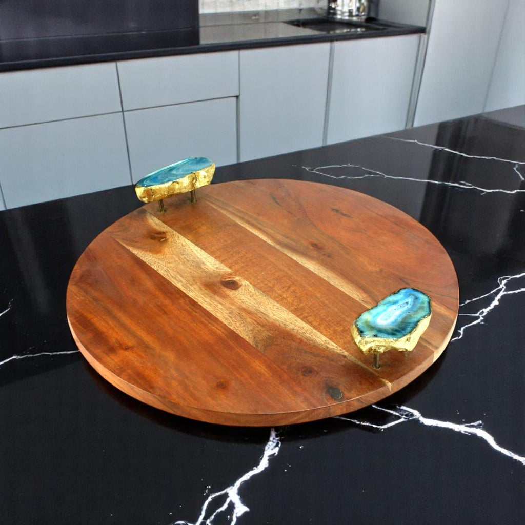 Wood Round Serving Tray with Blue Agate Stone Handles