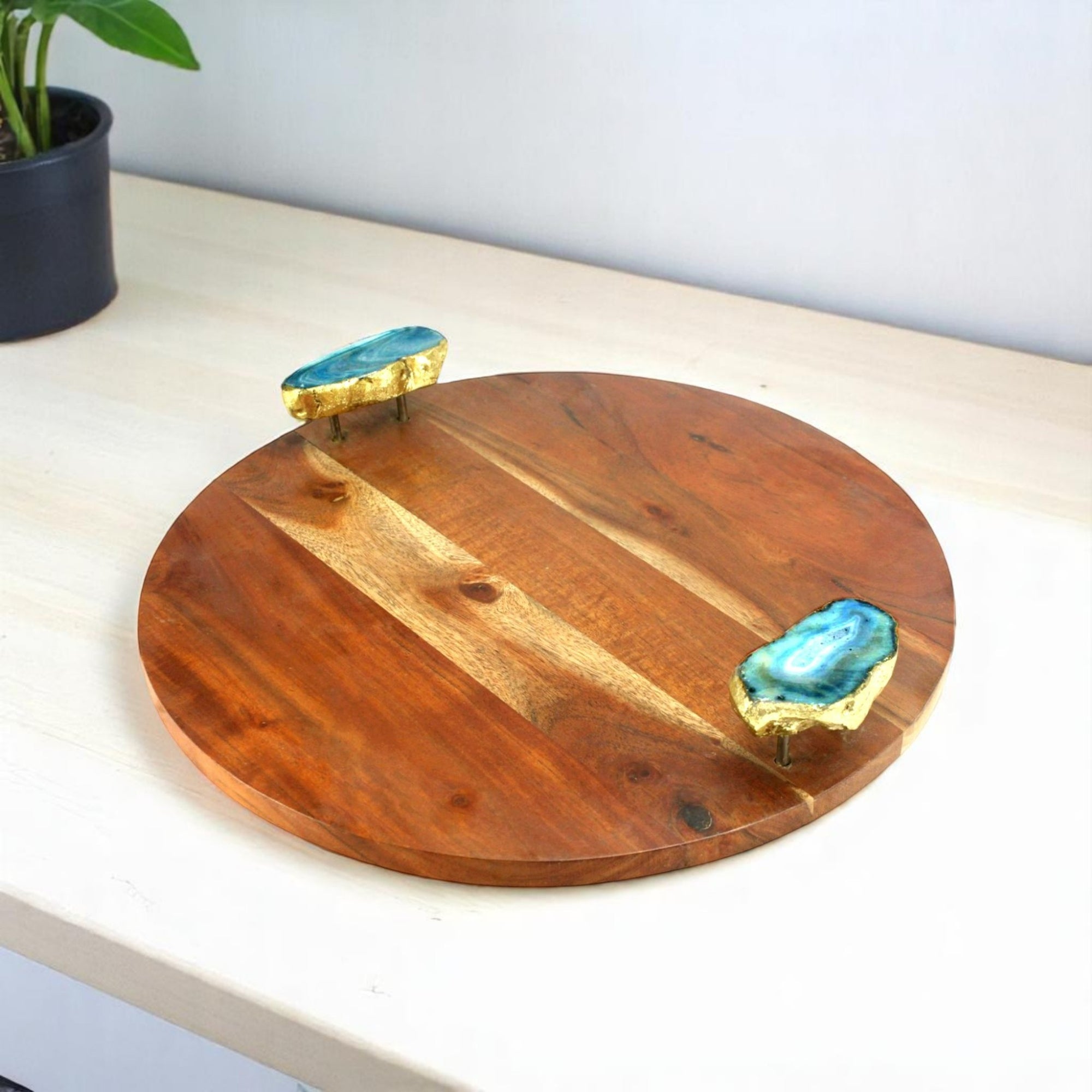Wood Round Serving Tray with Blue Agate Stone Handles