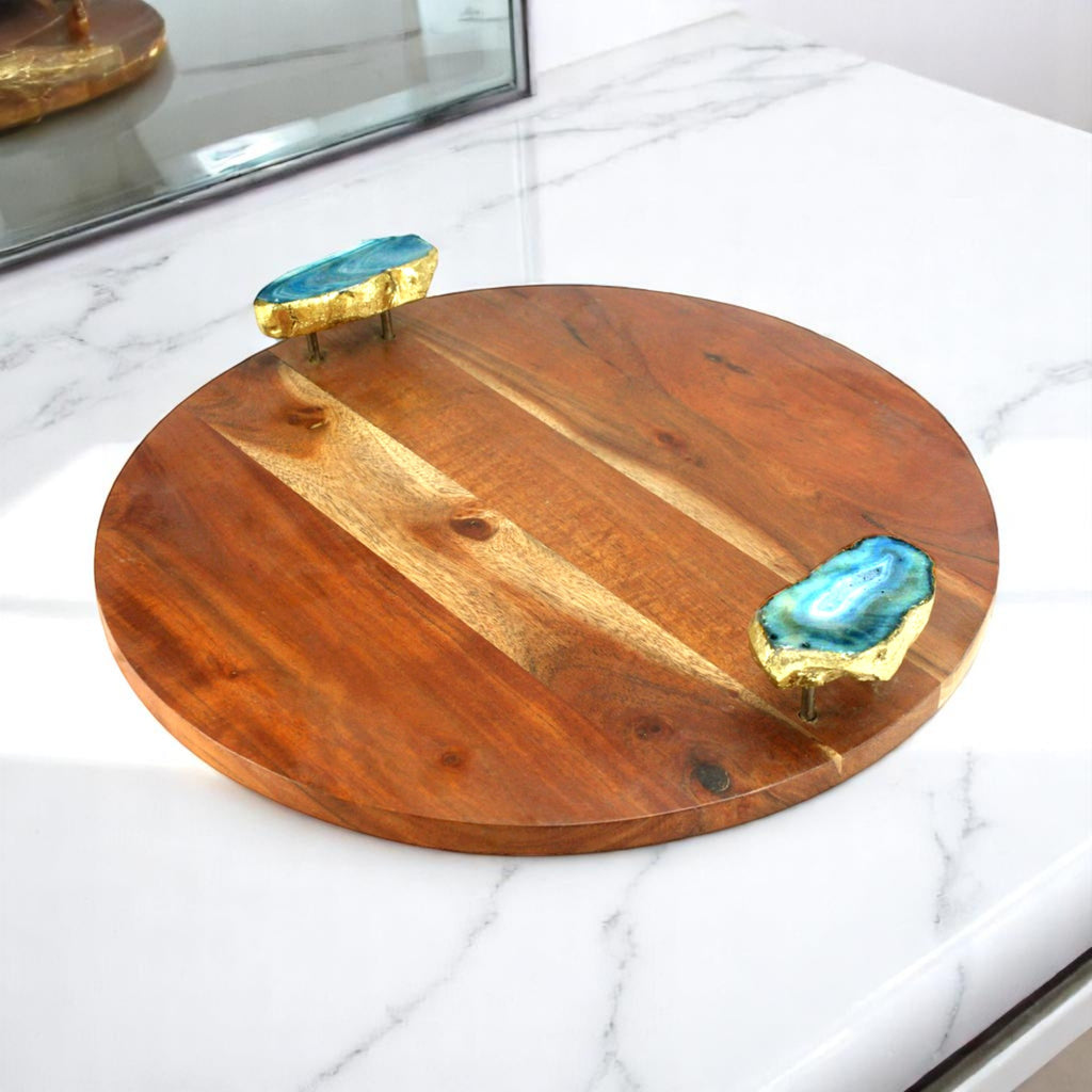 Wood Round Serving Tray with Blue Agate Stone Handles