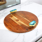 Wood Round Serving Tray with Blue Agate Stone Handles