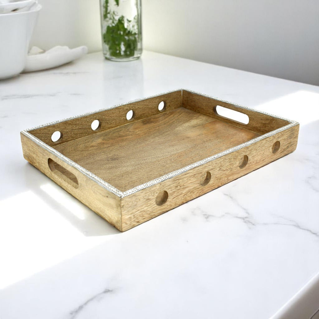 Wood Serving Tray with Cutout Circles & Silver Beaded Rim
