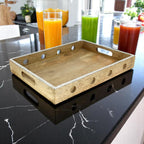 Wood Serving Tray with Cutout Circles & Silver Beaded Rim