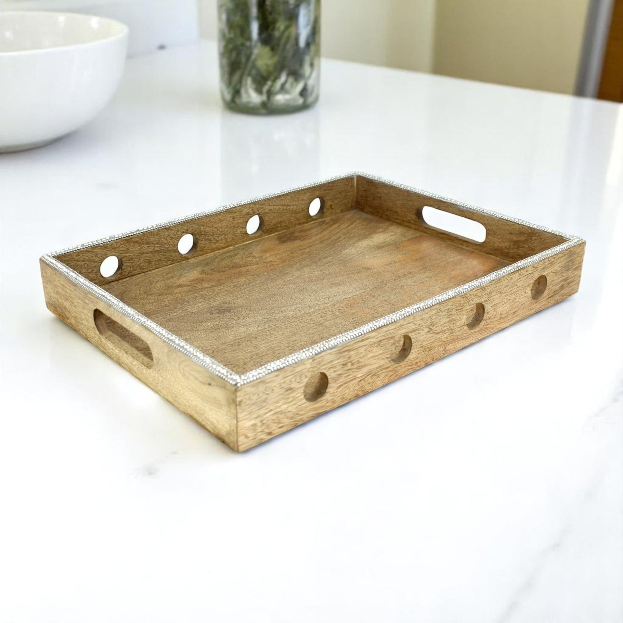 Wood Serving Tray with Cutout Circles & Silver Beaded Rim