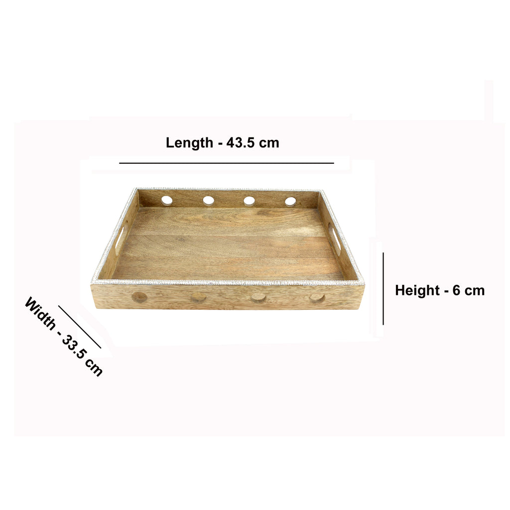 Wood Serving Tray with Cutout Circles & Silver Beaded Rim