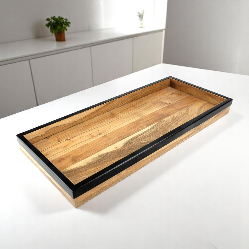 Wood Serving Tray with Sleek Black Resin Border