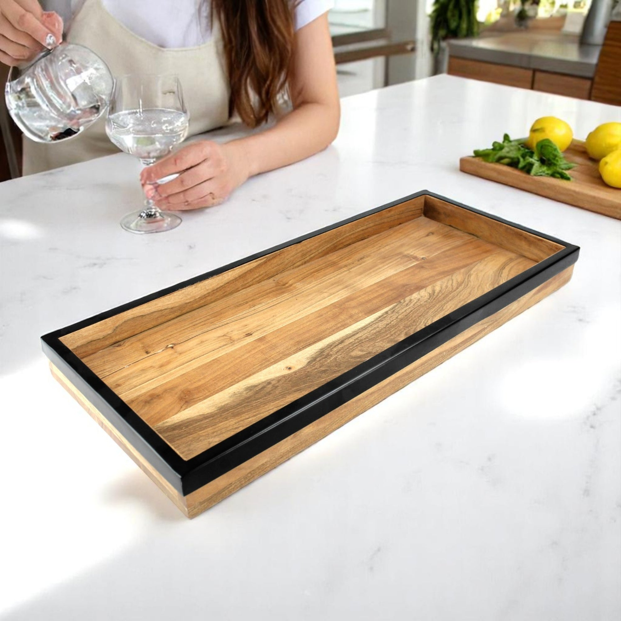 Wood Serving Tray with Sleek Black Resin Border