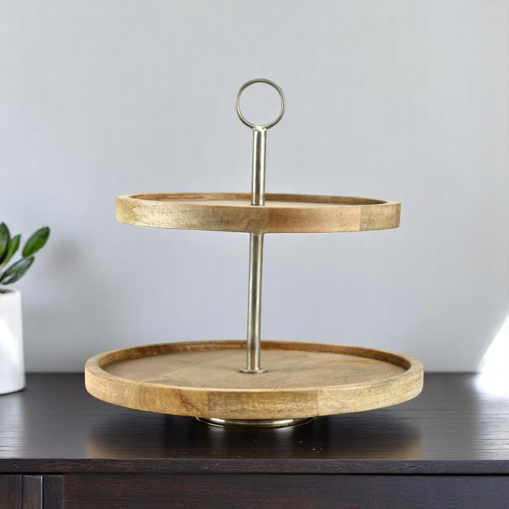 2-Tier Round Mango Wood Serving Tray with Metal Handle
