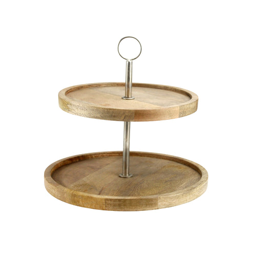 2-Tier Round Wooden Cake Stand with Metal Handle