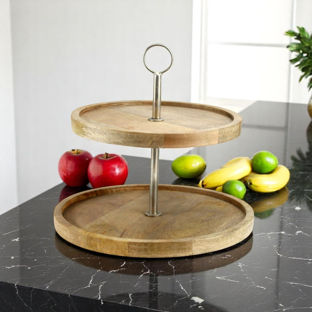 2-Tier Round Mango Wood Serving Tray with Metal Handle