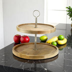 2-Tier Round Mango Wood Serving Tray with Metal Handle