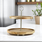 2-Tier Round Mango Wood Serving Tray with Metal Handle